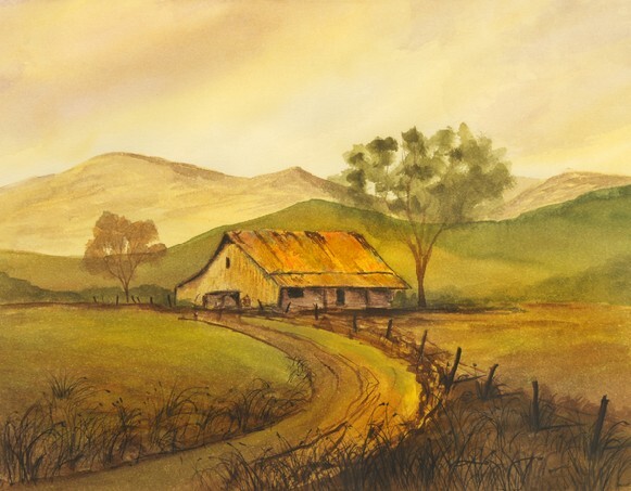 Original Watercolor Painting on Paper - Countryside setting